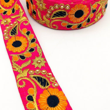 Fuchsia Pink Art Silk Lace Trim, Floral Embroidery in Orange, Black and Gold